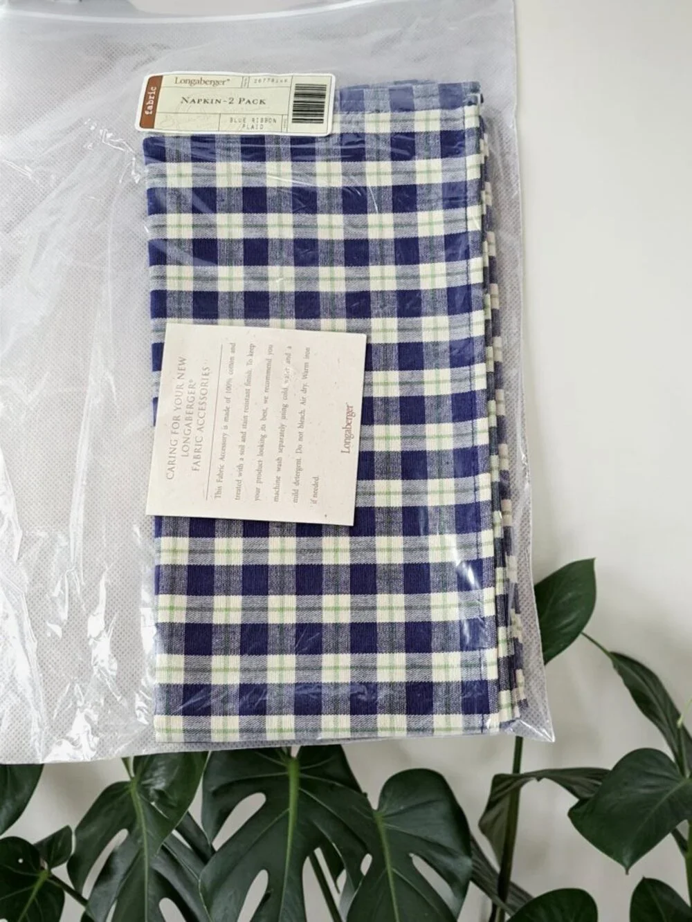 Longaberger Set Of 2 Blue Ribbon Plaid Fabric Napkins